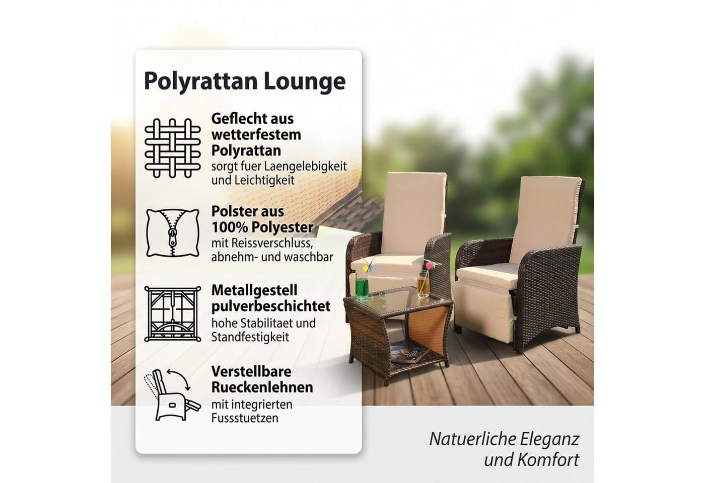 Mucola Balkonset 3-teilig Polyrattan mit Auflagen Braun