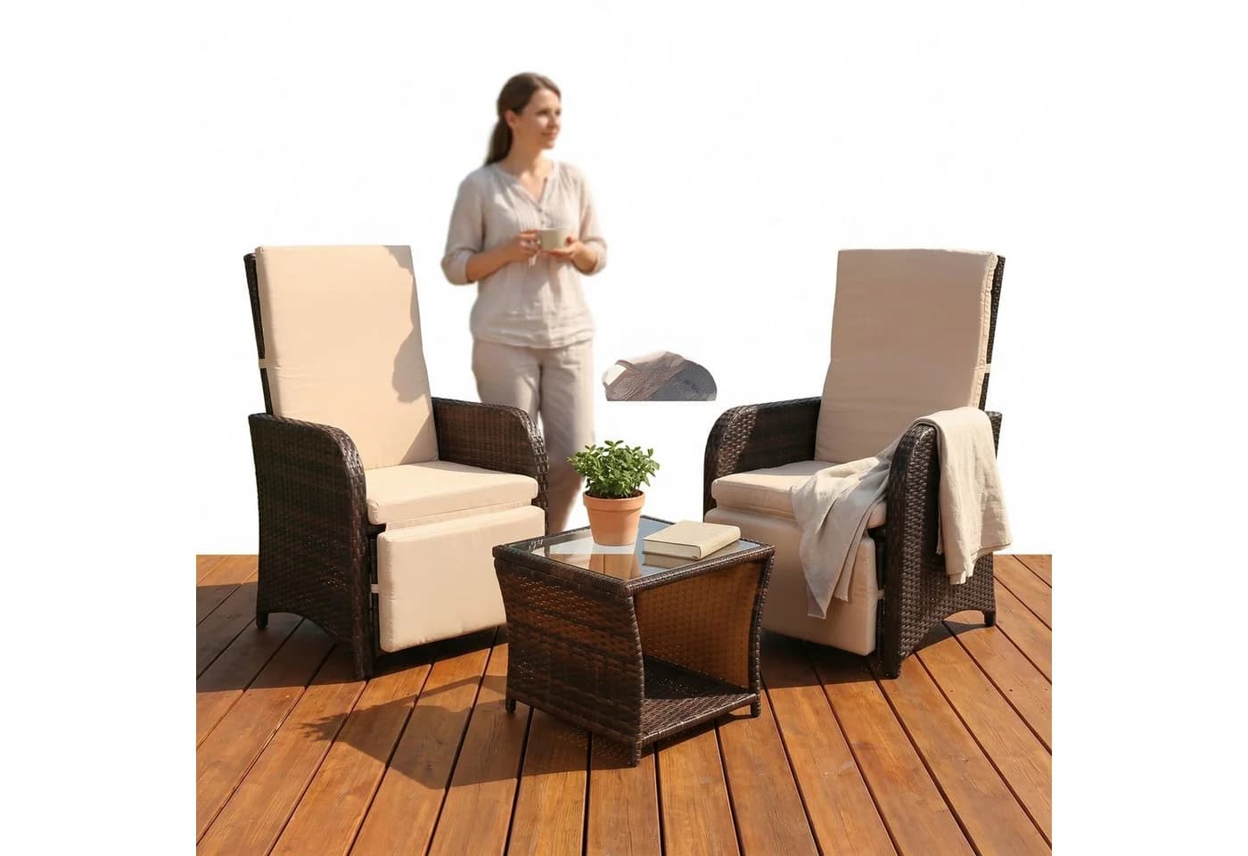 Mucola Balkonset 3-teilig Polyrattan mit Auflagen Braun - Bild 4
