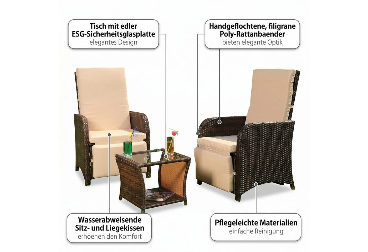 Mucola Balkonset 3-teilig Polyrattan mit Auflagen Braun - Bild 5