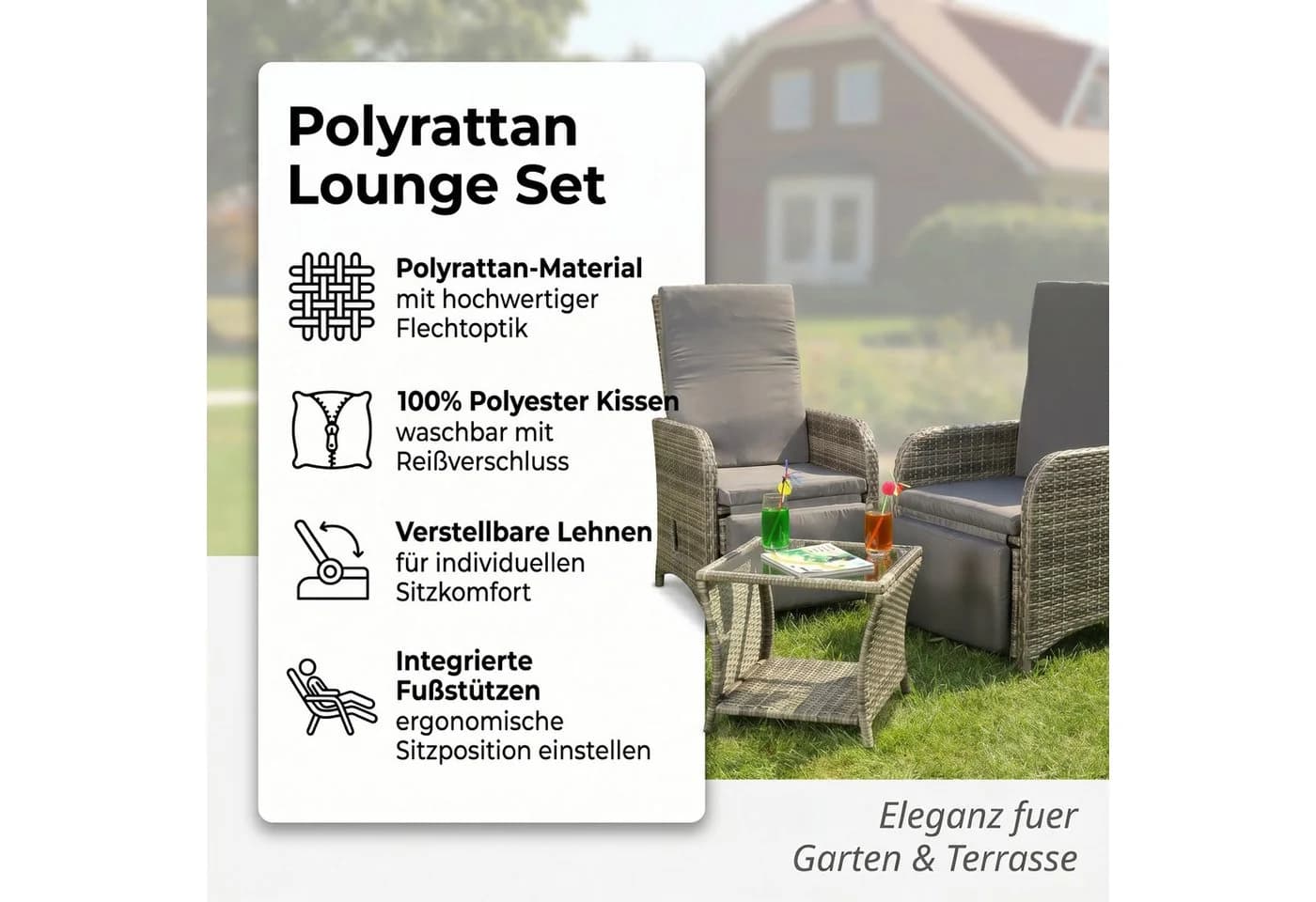 Mucola Balkonmöbel-Set 3-teilig Grau Polyrattan mit Auflagen