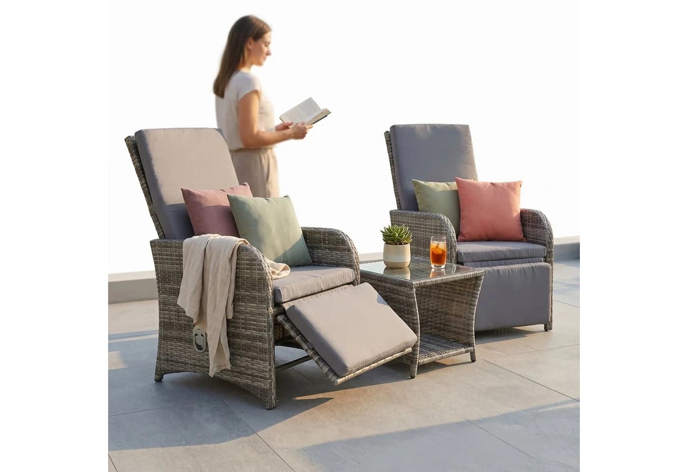 Mucola Balkonmöbel-Set 3-teilig Grau Polyrattan mit Auflagen - Bild 4