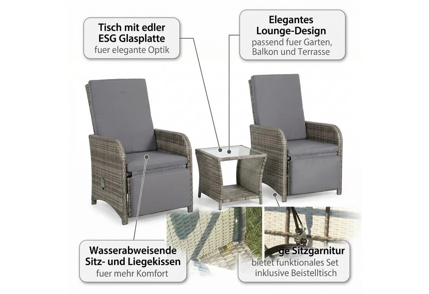 Mucola Balkonmöbel-Set 3-teilig Grau Polyrattan mit Auflagen - Bild 5