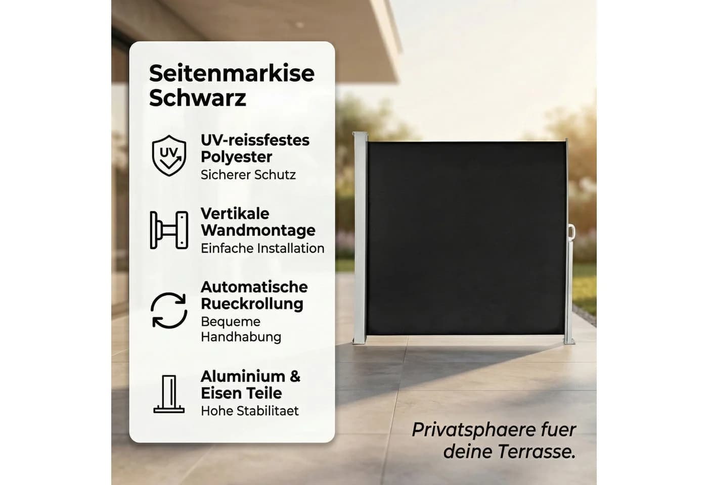 Mucola Seitenmarkise Schwarz Ausziehbar mit Automatischem Einrollen