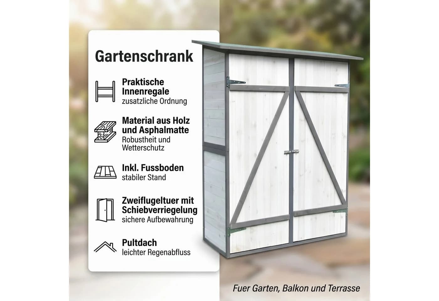 Mucola Gartenhaus Geräteschrank Holz 140x75 cm Grau/Weiß