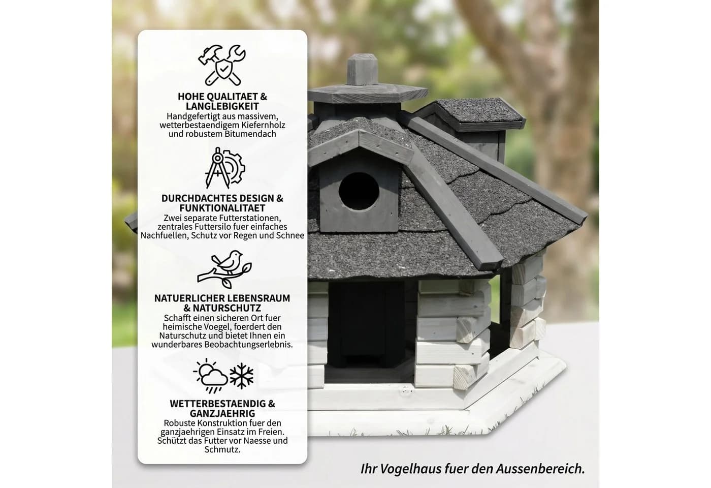 Mucola Vogelhaus Holz 48 cm mit Futtersilo und Aufklappdach