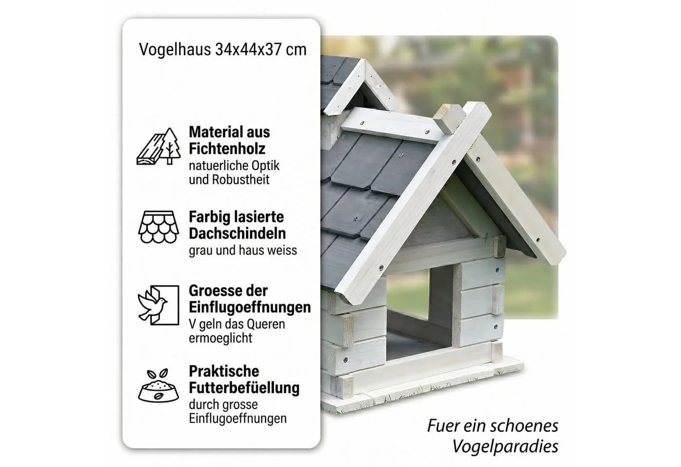 Mucola Vogelhaus Grau Weiß Holz Vogelfutterhaus mit wetterfestem Dach