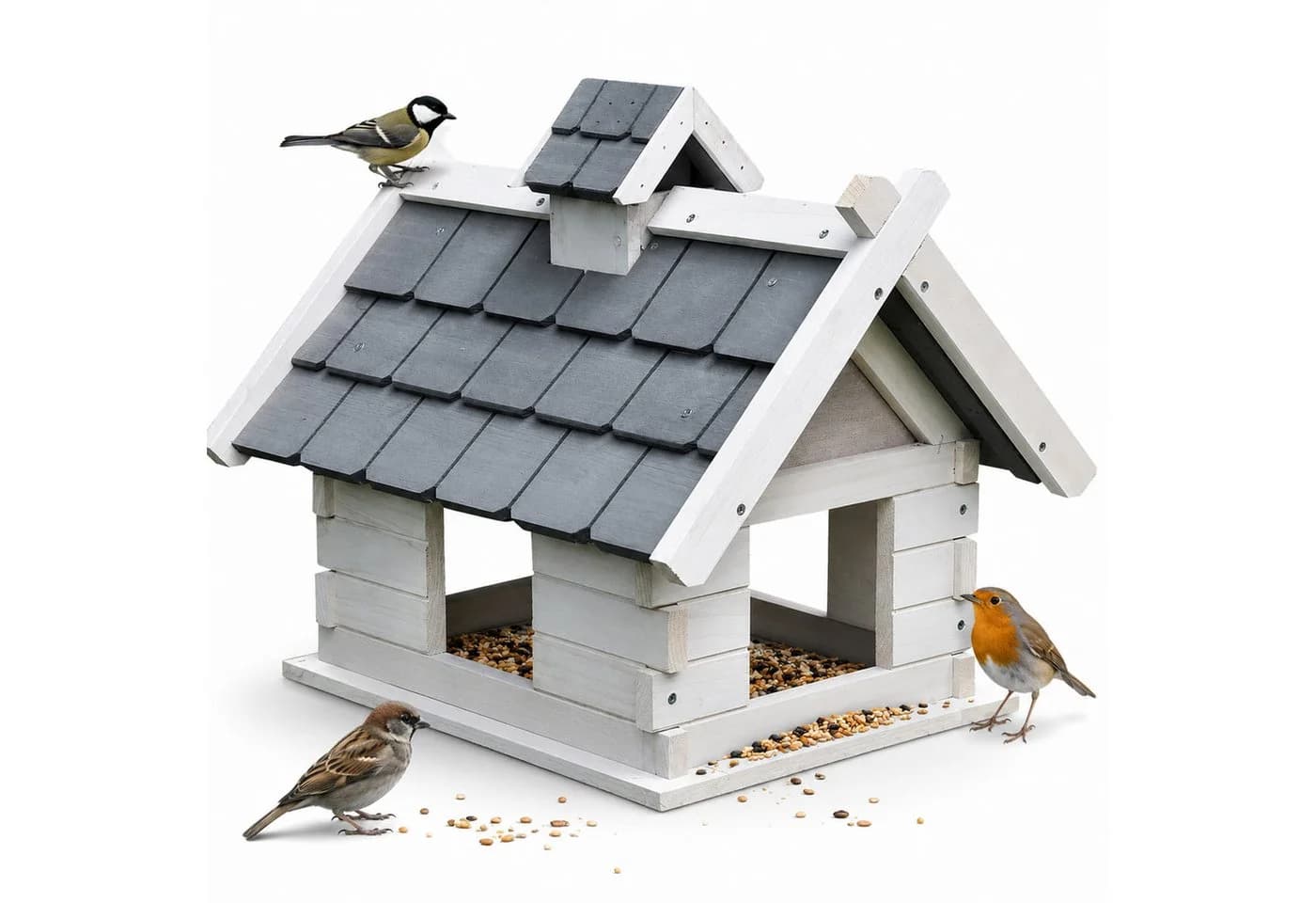 Mucola Vogelhaus Grau Weiß Holz Vogelfutterhaus mit wetterfestem Dach - Bild 2