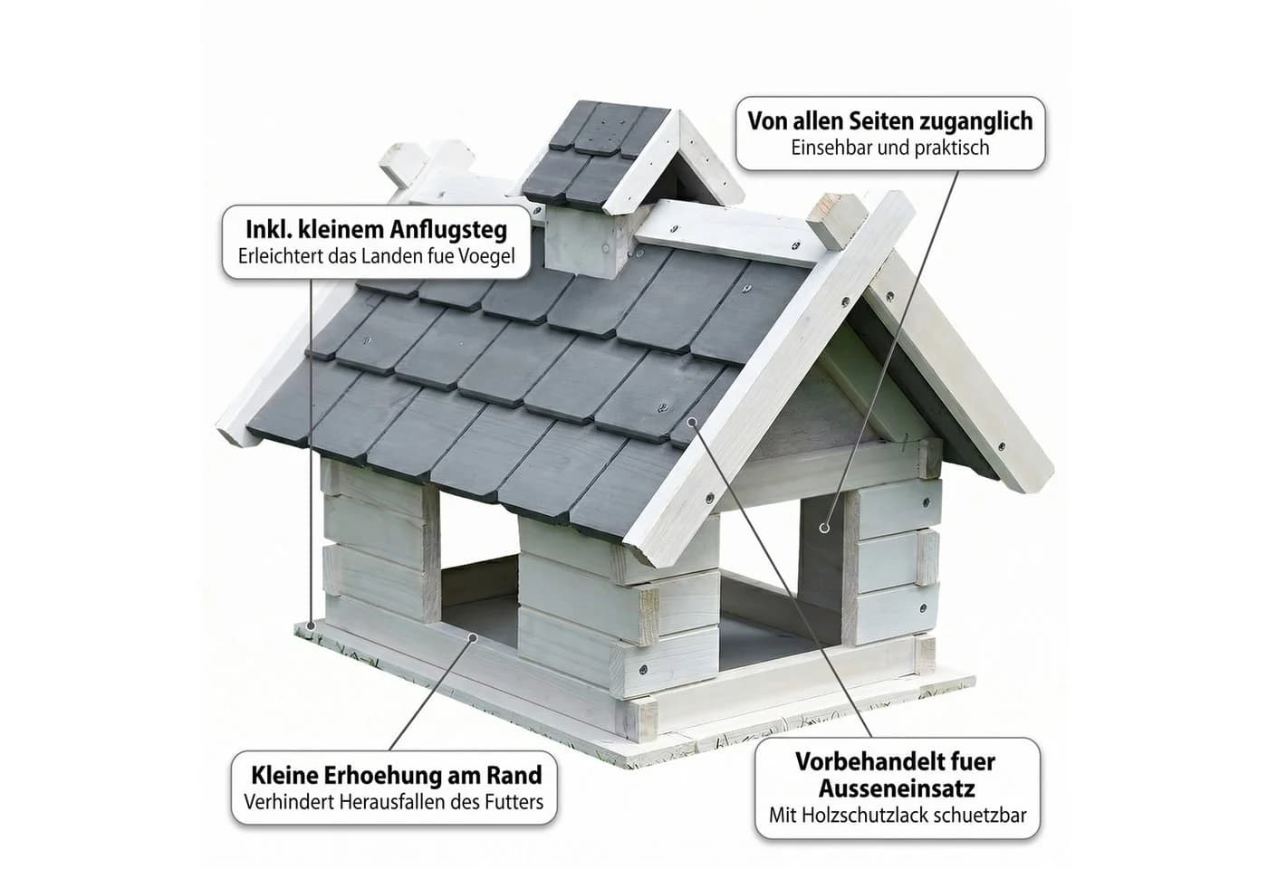 Mucola Vogelhaus Grau Weiß Holz Vogelfutterhaus mit wetterfestem Dach - Bild 5