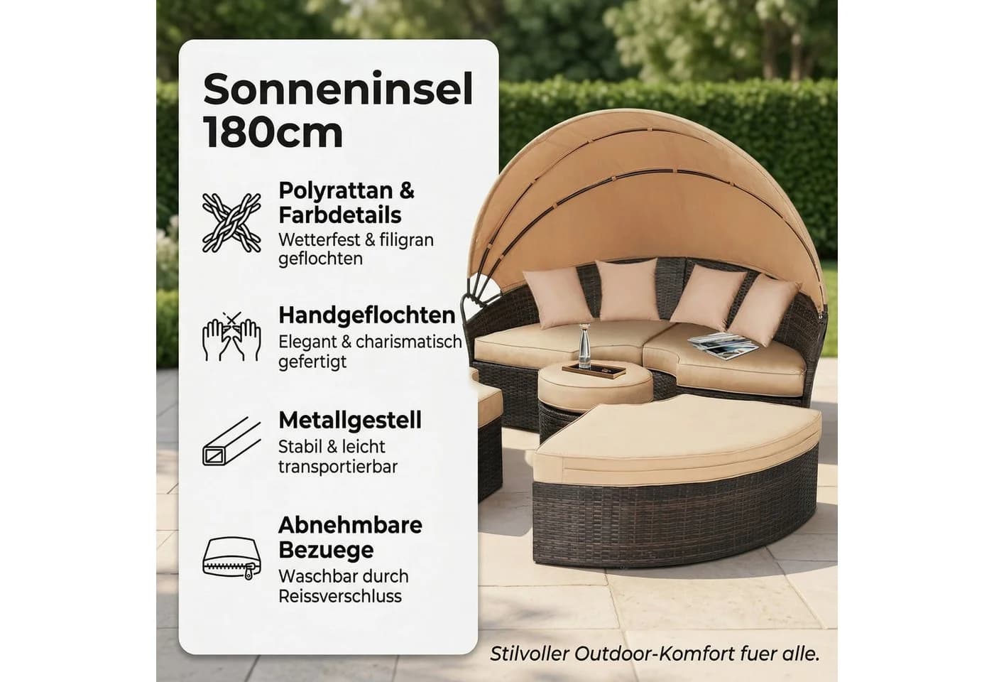 Mucola Gartenlounge-Set Sonneninsel 180CM Polyrattan mit Sonnenschutzdach