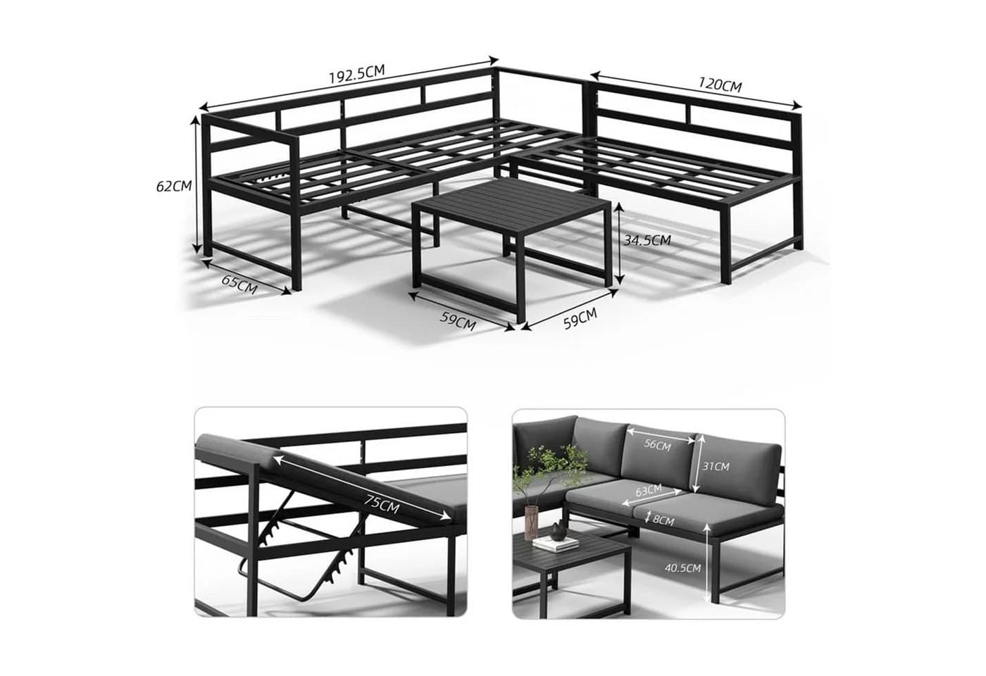 Mucola Gartenlounge-Set Ecksofa Aluminium Grau mit Liegefunktion - Bild 3