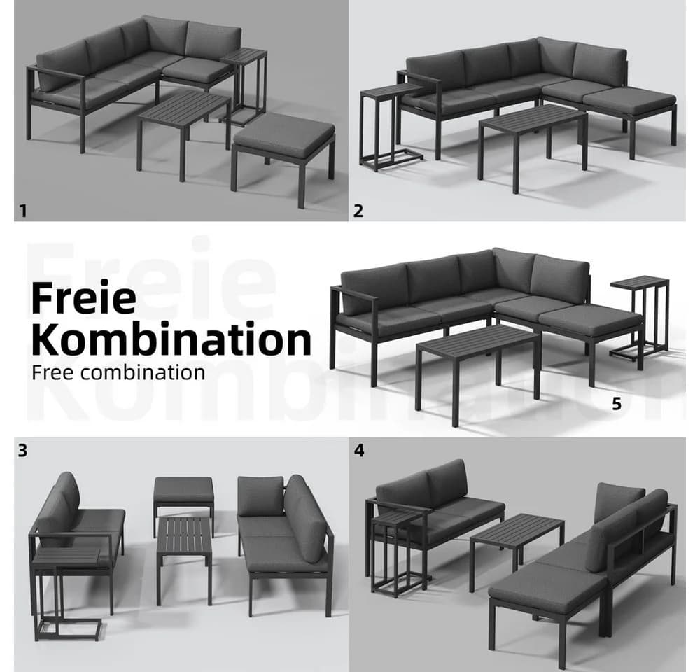 Mucola Ecksofa Aluminium 5-tlg. Anthrazit/Grau mit Kissen
