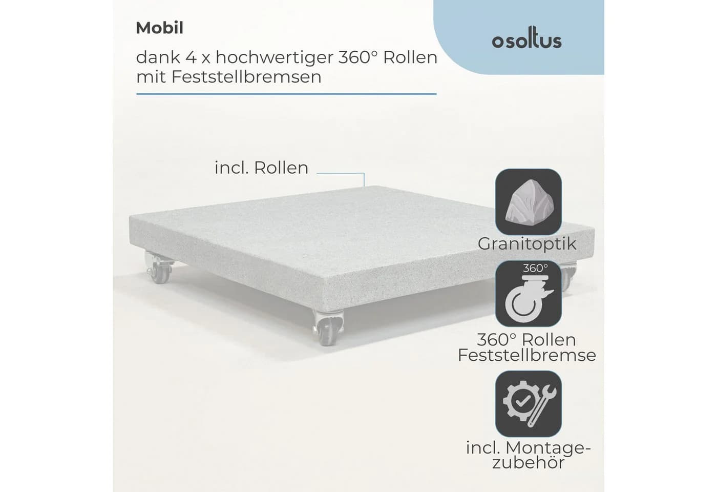 osoltus Granit Schirmständer 120 kg mit Rollen grau - Bild 4