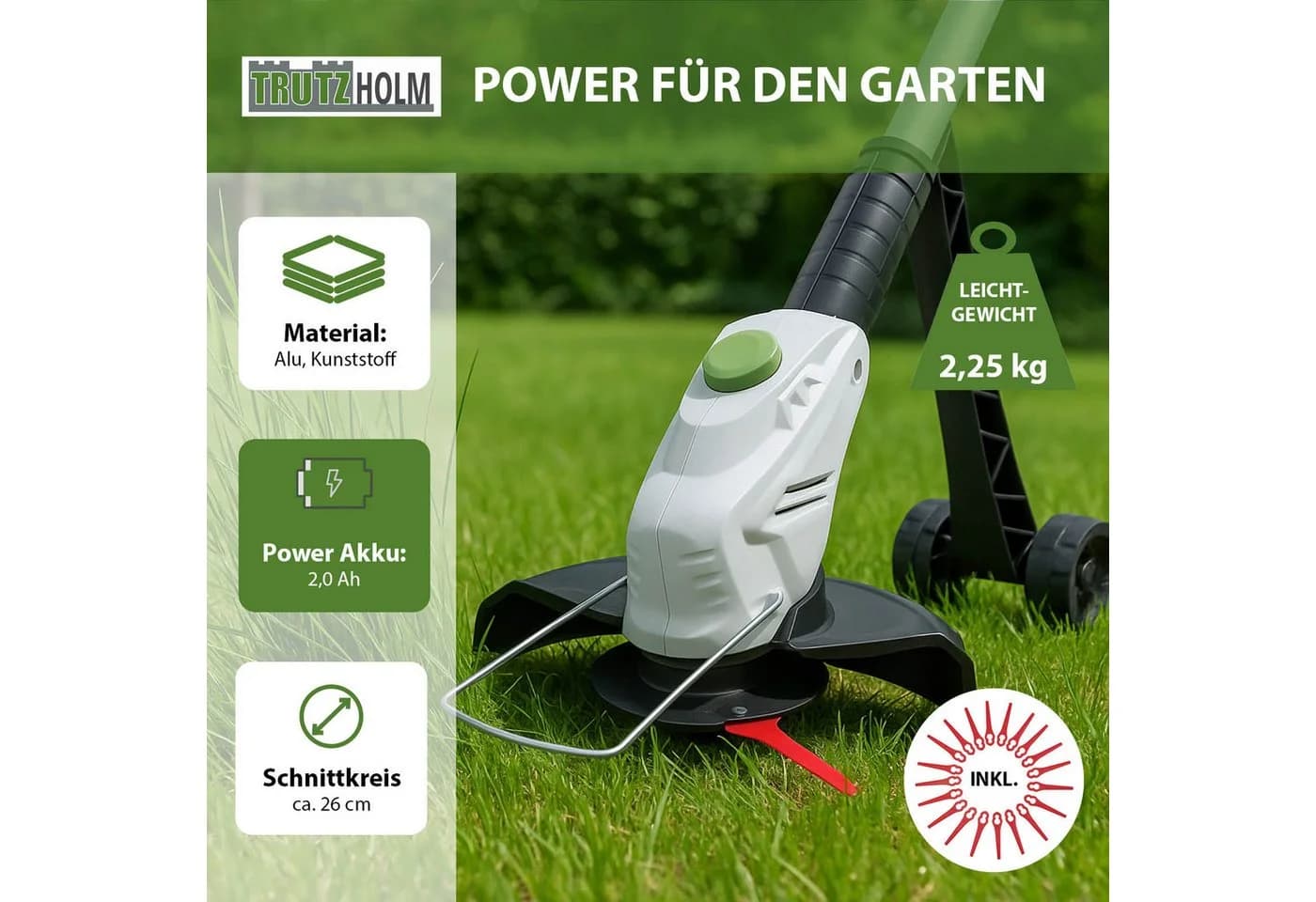 TRUTZHOLM Akku-Rasentrimmer 20 V 2,0 Ah mit 20 Nylonmessern