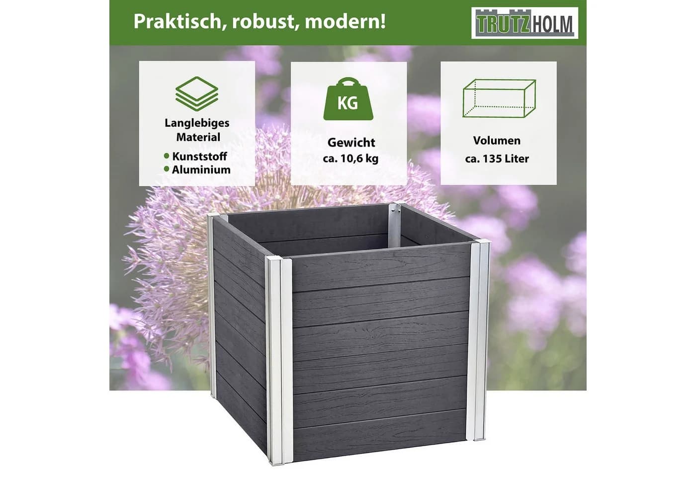 TRUTZHOLM Hochbeet Übertopf 135L Holzoptik Grau Silber Aluminium Kunststoff