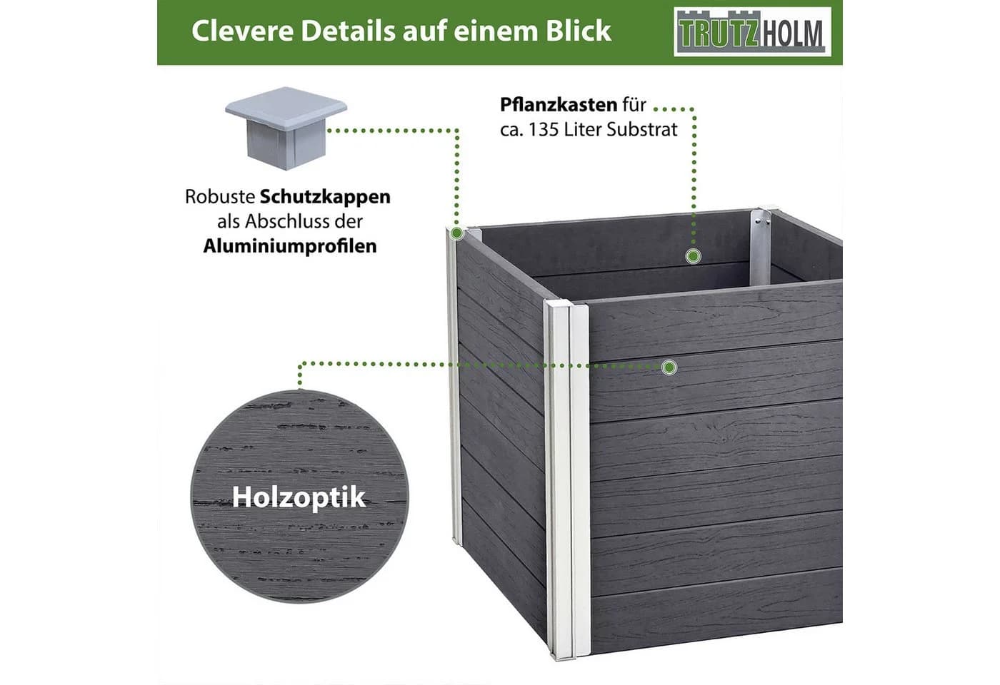 TRUTZHOLM Hochbeet Übertopf 135L Holzoptik Grau Silber Aluminium Kunststoff - Bild 5