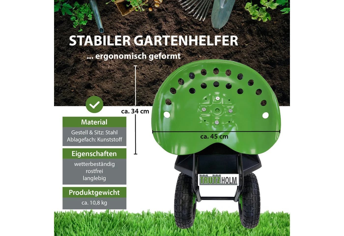 TRUTZHOLM Gartenscooter mit Ablage Stahl 150 kg Sitzhöhe 44-52 cm Schwarz-Grün