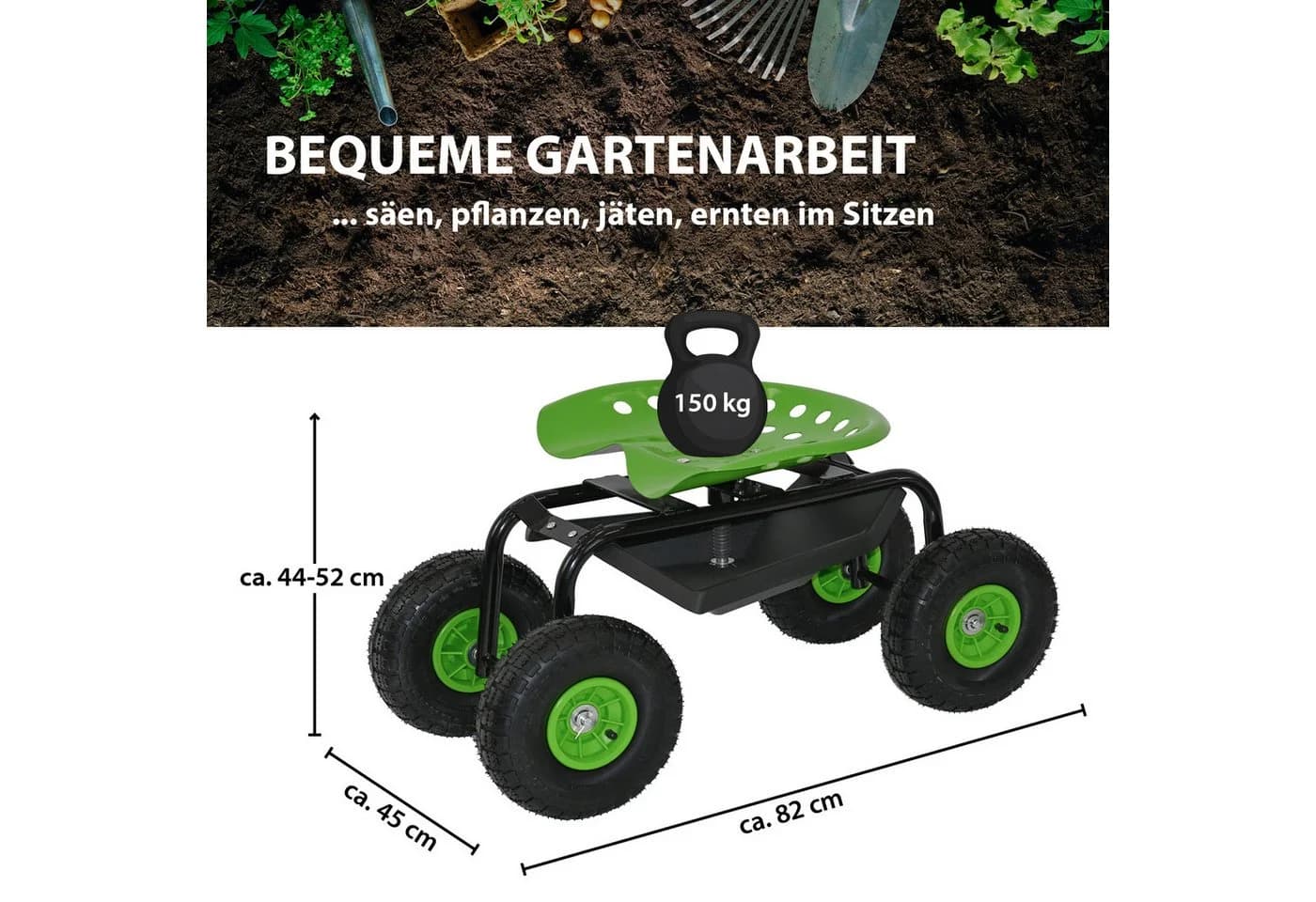TRUTZHOLM Gartenscooter mit Ablage Stahl 150 kg Sitzhöhe 44-52 cm Schwarz-Grün - Bild 3