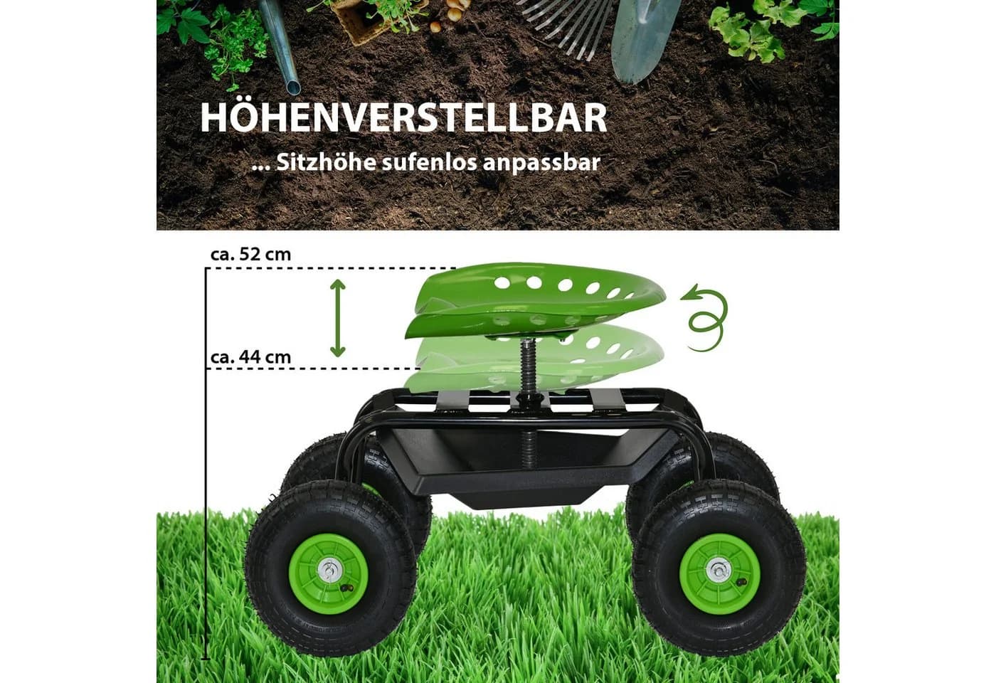 TRUTZHOLM Gartenscooter mit Ablage Stahl 150 kg Sitzhöhe 44-52 cm Schwarz-Grün - Bild 4