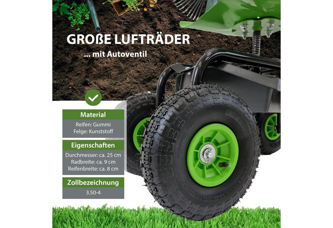 TRUTZHOLM Gartenscooter mit Ablage Stahl 150 kg Sitzhöhe 44-52 cm Schwarz-Grün - Bild 5