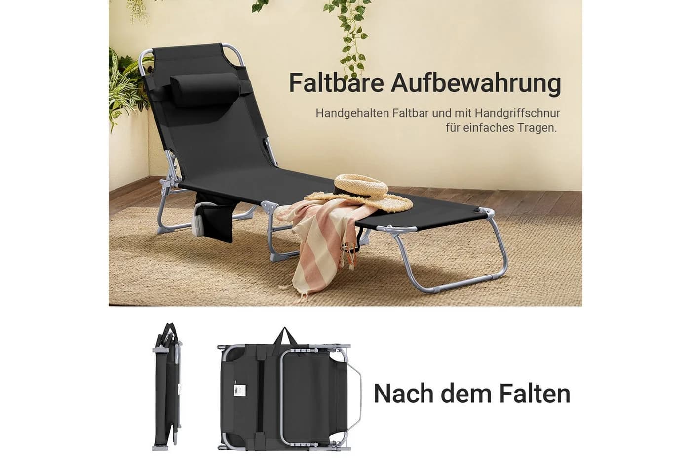 SoBuy Gartenliege 2er Set Klappbar Schwarz mit Kissen - Bild 3