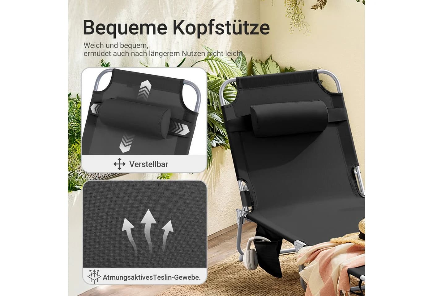 SoBuy Gartenliege 2er Set Klappbar Schwarz mit Kissen - Bild 4
