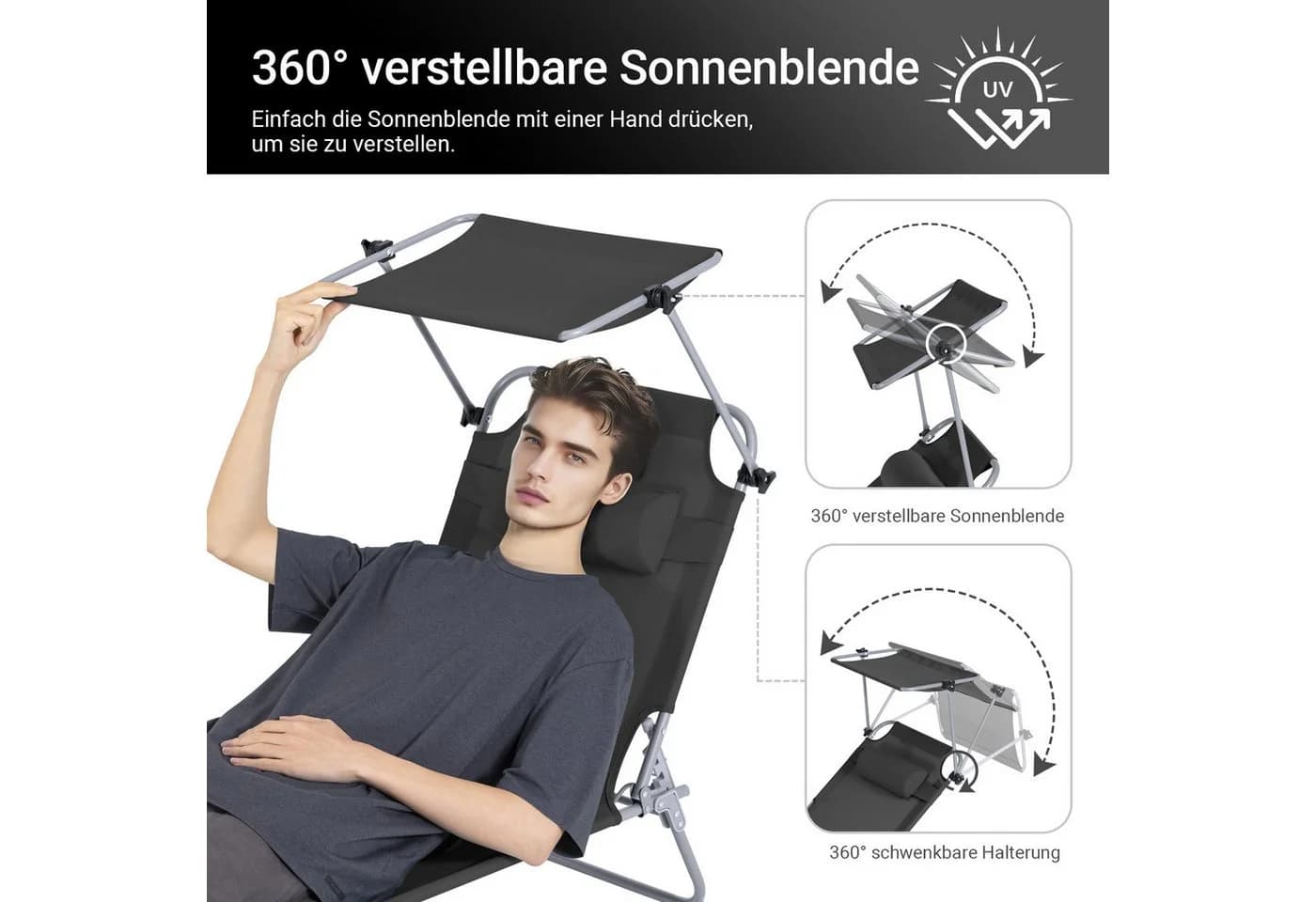 SoBuy Klappbares Sonnenliegen-Set für 2 Personen Schwarz Industriell - Bild 5