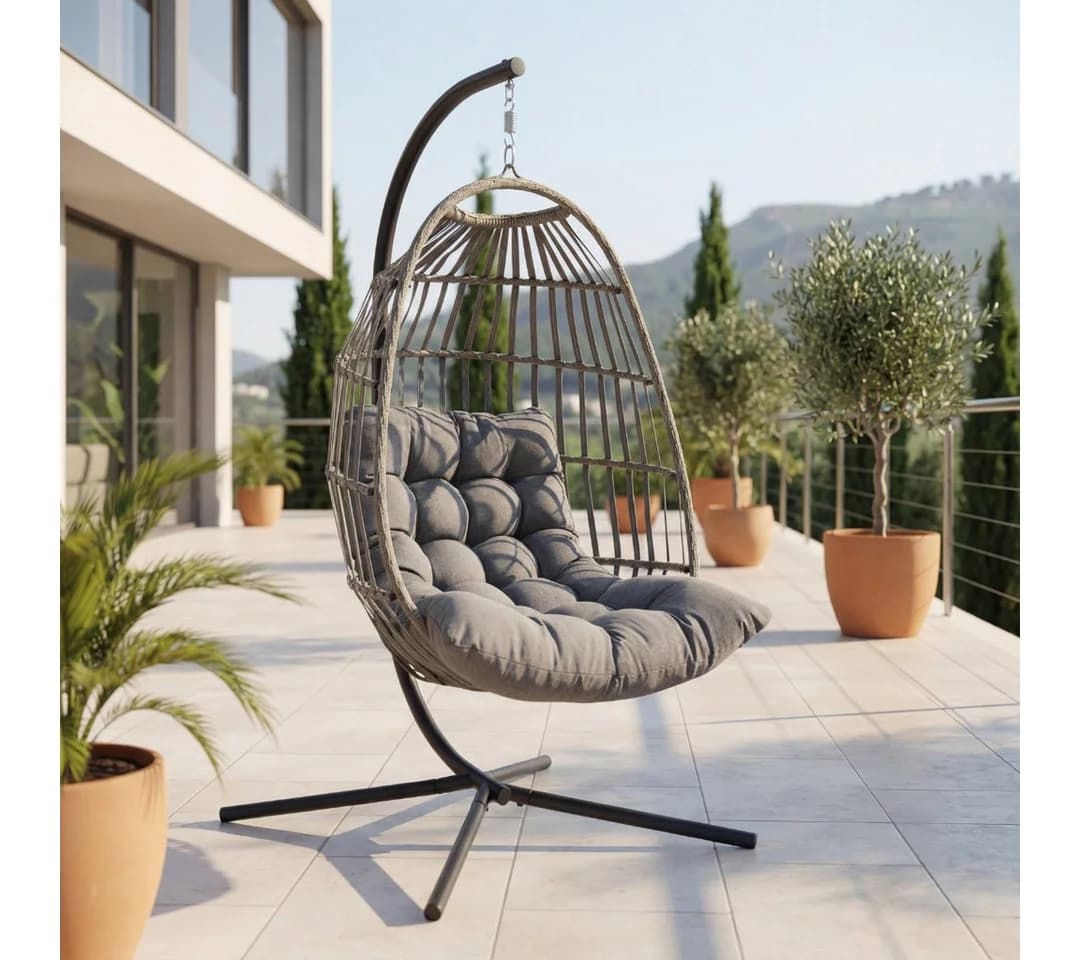 DERKORB Hängesessel mit Gestell Grau Polyrattan 10cm Kissen - Bild 2