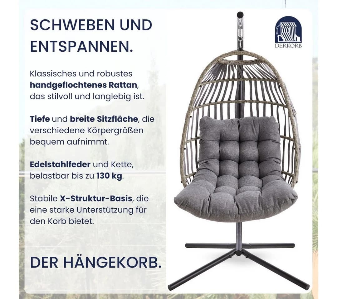 DERKORB Hängesessel mit Gestell Grau Polyrattan 10cm Kissen - Bild 4