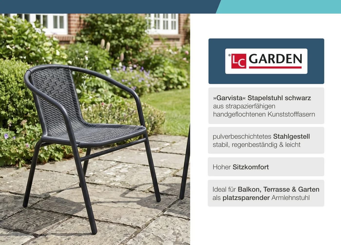 LC Garden Garvista Stapelstuhl Schwarz Gartenstuhl mit Armlehnen - Bild 3