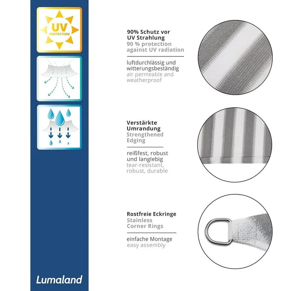 Lumaland Sonnensegel Rechteck 2x3m UV-Schutz 90% Weiß HDPE - Bild 3
