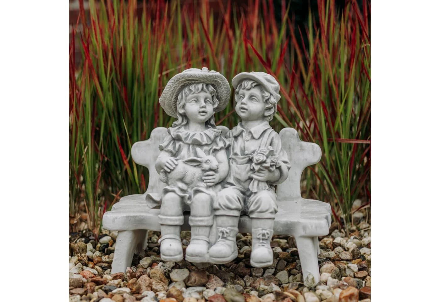 gartendekoparadies.de Steinfigur Junge und Mädchen auf Bank Grau - Bild 2