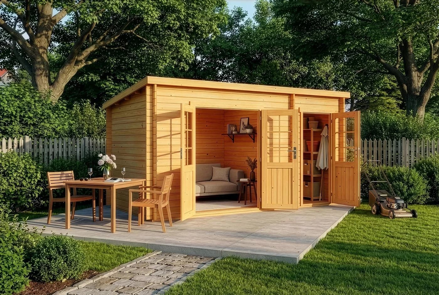 Alpholz Gartenhaus Maria mit Anbau Pinie 28mm Wandstärke