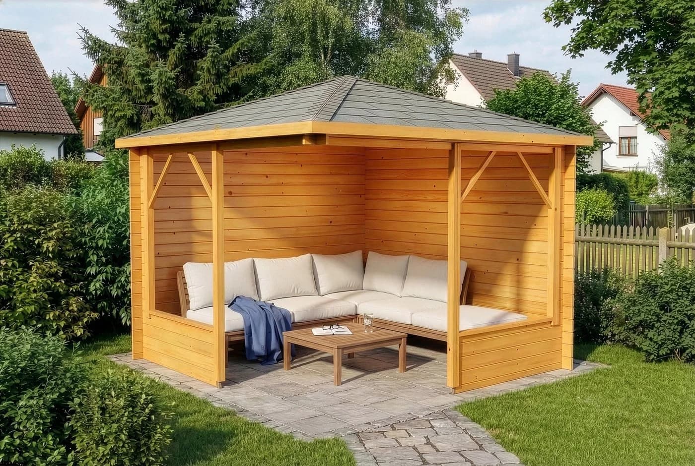 Pavillon aus Massivholz Pinie, 5-Eck, Natur