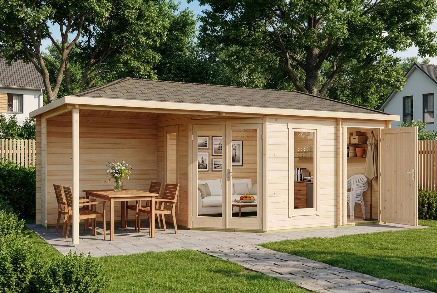Alpholz Gartenhaus Liwa mit Anbau 5-Eck Holz 28mm Wandstärke
