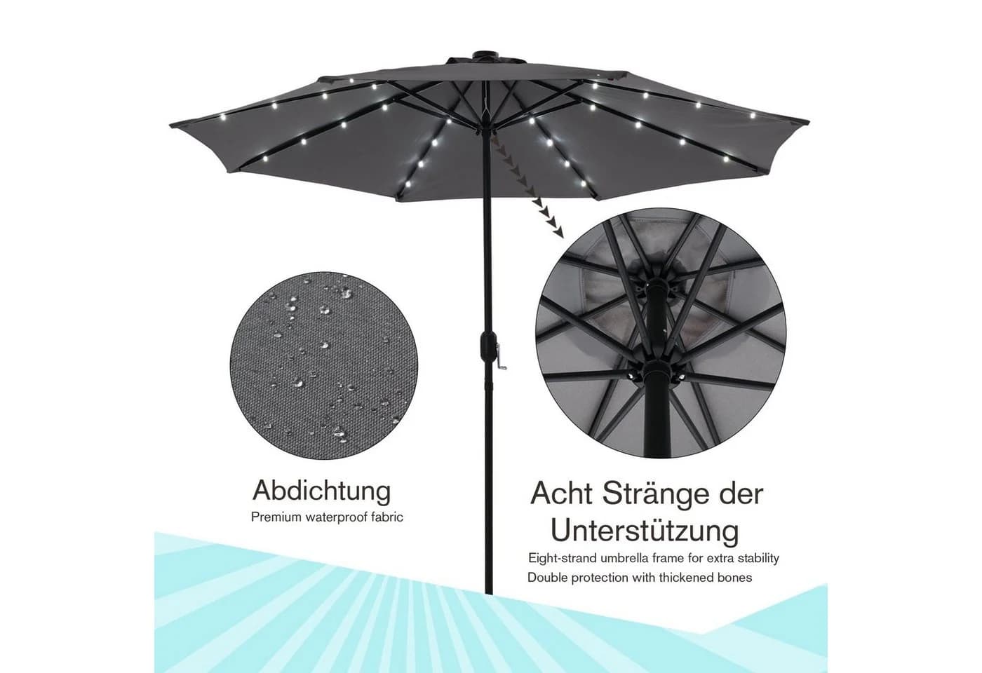 Melko Sonnenschirm Markt Ø 3m mit LED & Kurbel Beige - Bild 3