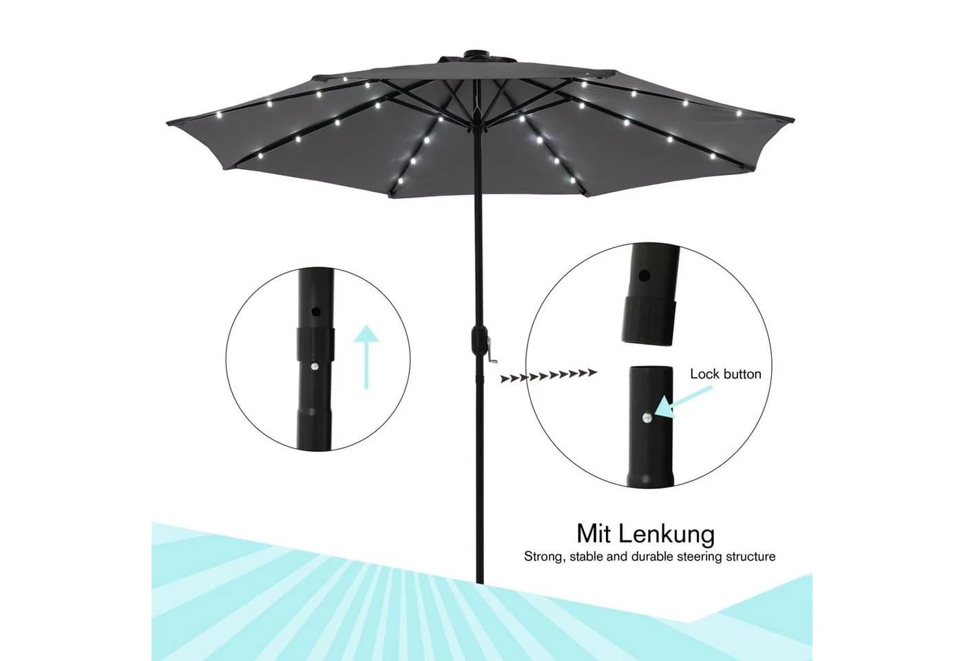 Melko Sonnenschirm Markt Ø 3m mit LED & Kurbel Beige - Bild 5