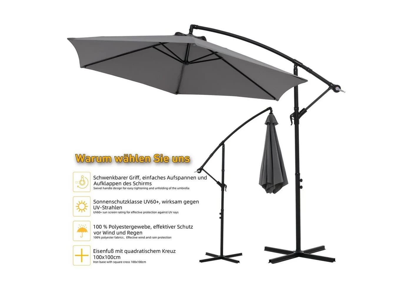 Melko Sonnenschirm 350 cm mit LED-Beleuchtung und Kurbel - Bild 3