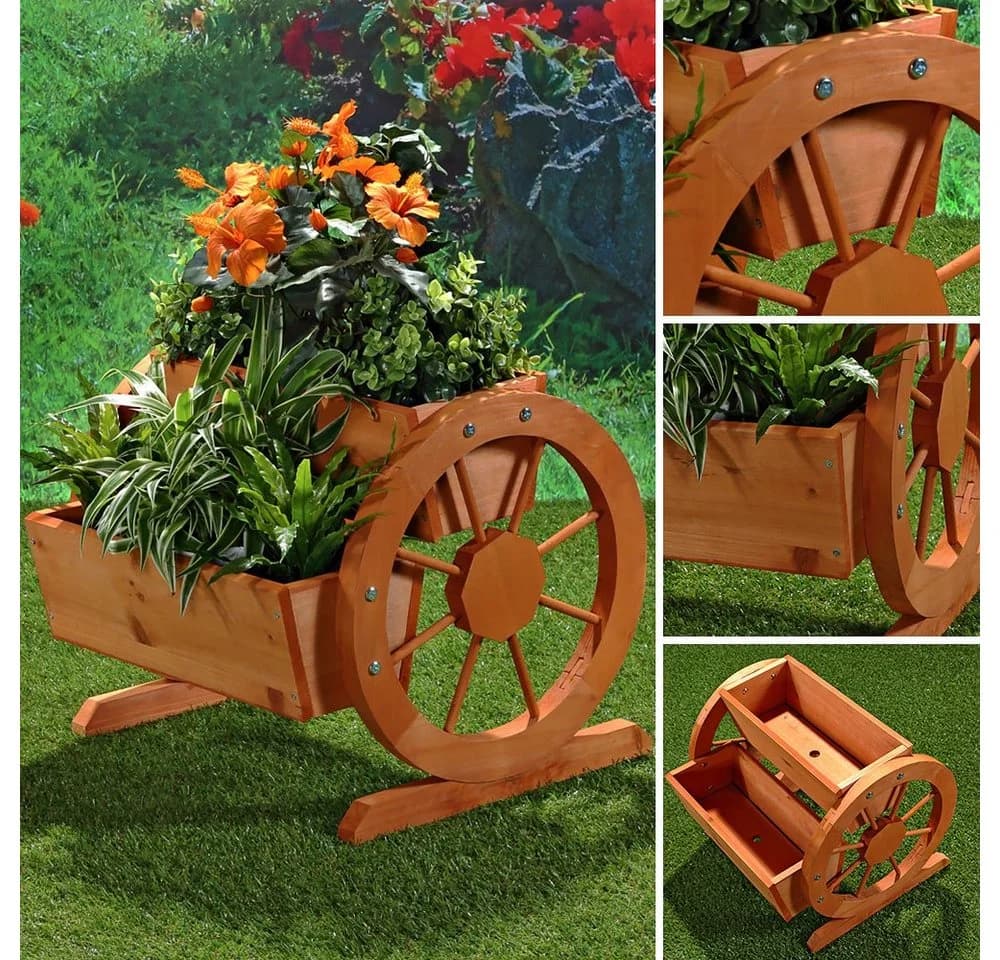 Melko Pflanzkübel Set 2 Stück Holz Wasserrad Optik Garten Dekoration