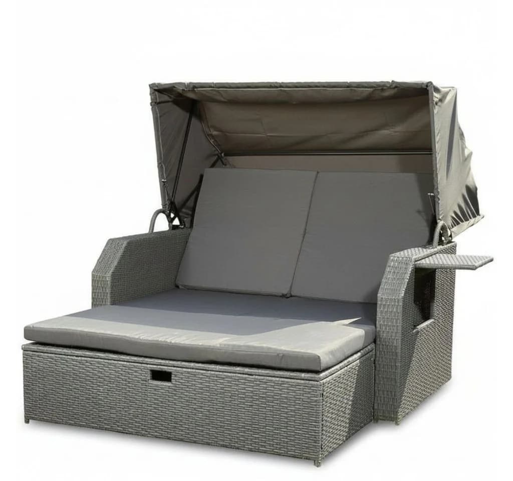 Melko Gartenliege Sonneninsel mit Dach Hocker Kissen Polyrattan Grau - Bild 2