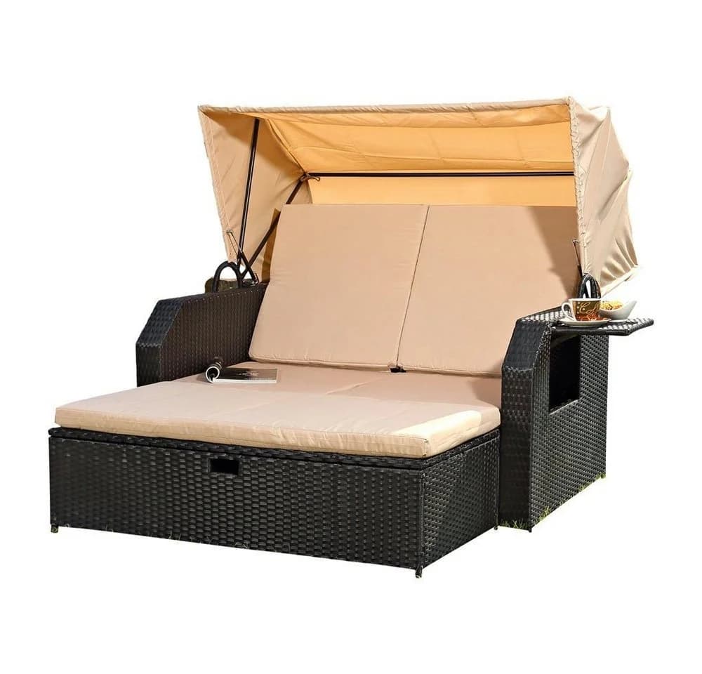Melko Strandkorb Rattan mit Dach und Fußbank Braun/Beige