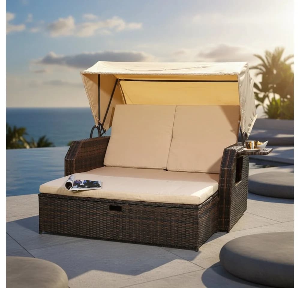 Melko Strandkorb Rattan mit Dach und Fußbank Braun/Beige - Bild 2