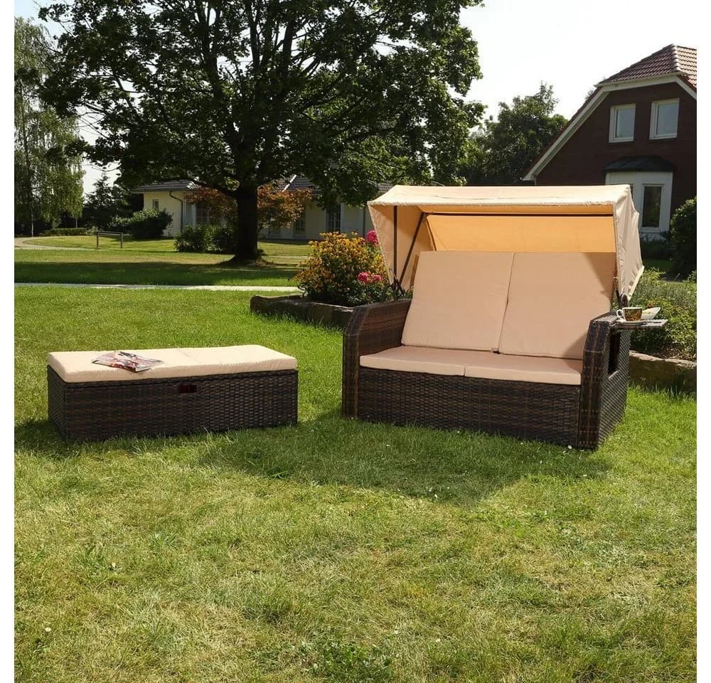 Melko Strandkorb Rattan mit Dach und Fußbank Braun/Beige - Bild 3