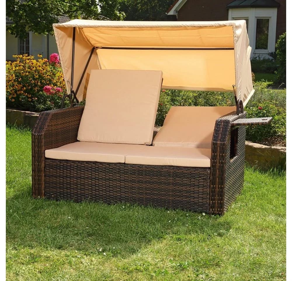 Melko Strandkorb Rattan mit Dach und Fußbank Braun/Beige - Bild 5