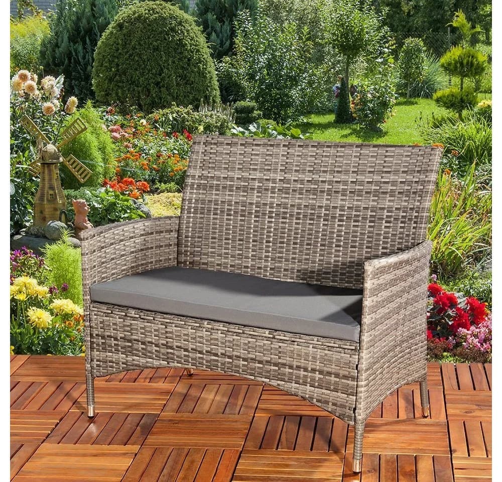 Melko Gartenbank Polyrattan Grau Grau Schwarz Braun mit Kissen