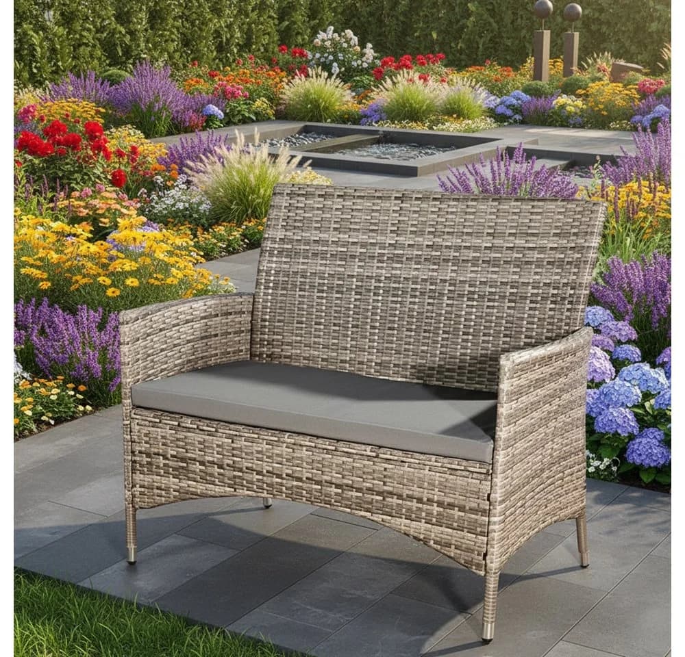 Melko Gartenbank Polyrattan Grau Grau Schwarz Braun mit Kissen - Bild 2