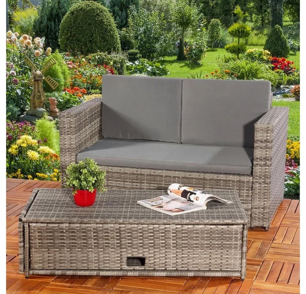 Melko Gartenlounge-Set 2-tlg. Beige Polyrattan Sofa mit Ottomane