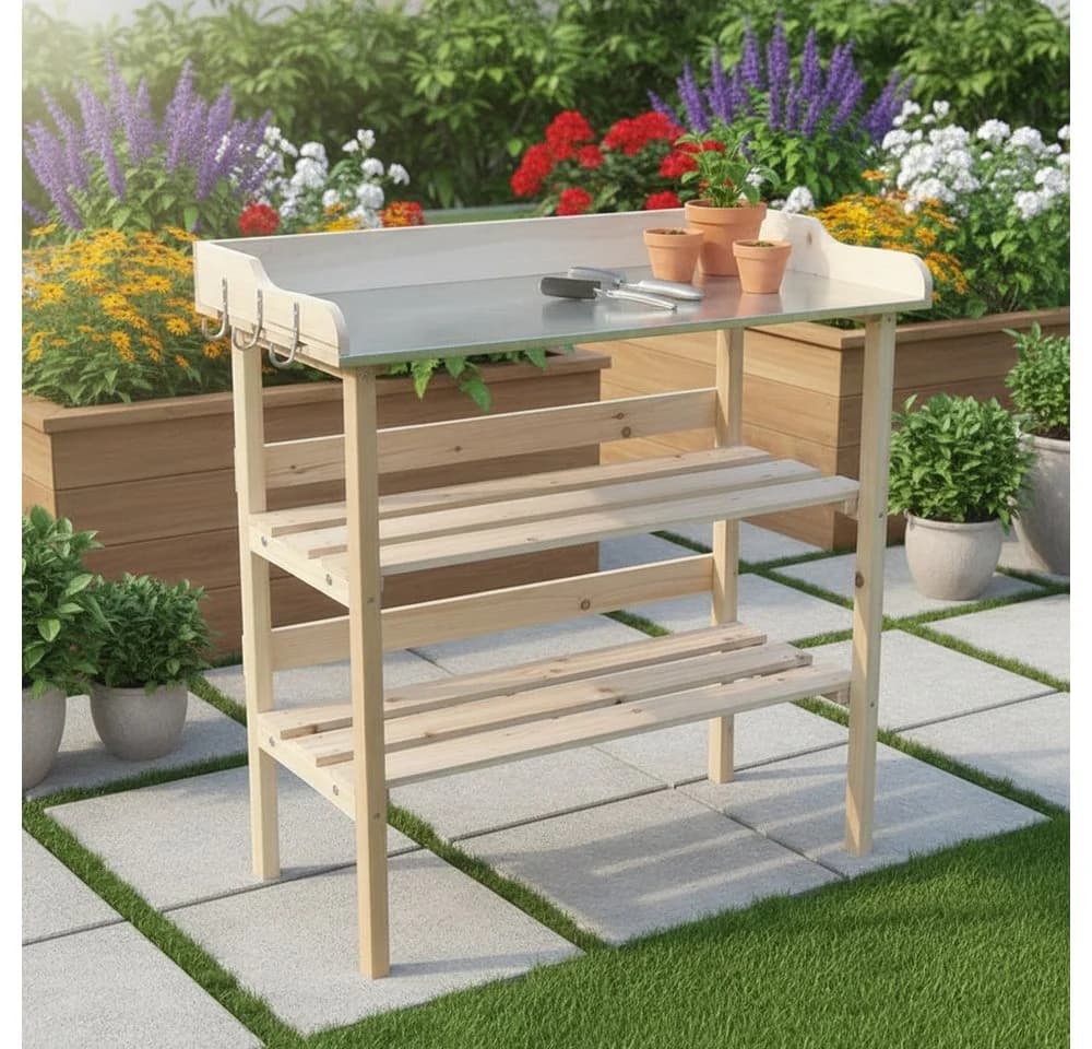 Melko Pflanztisch Gartentisch mit Ablage & Haken Fichtenholz - Bild 2