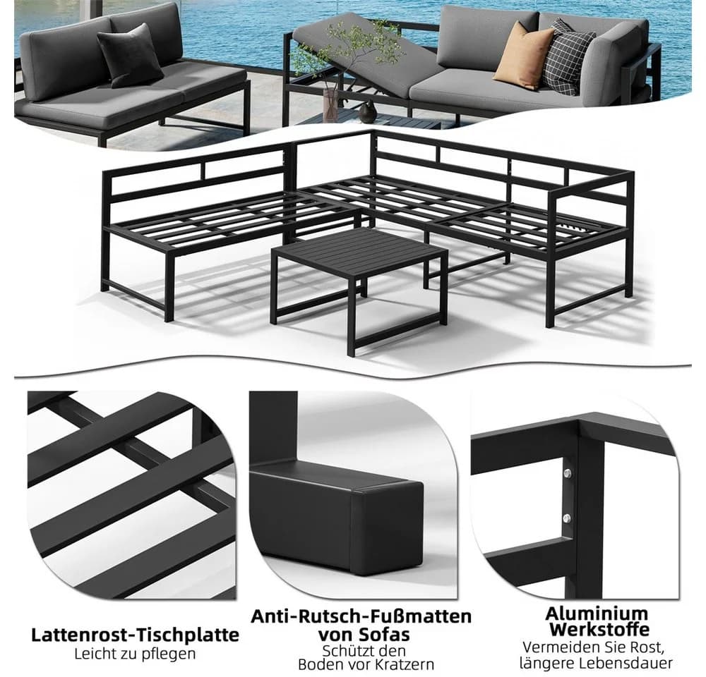 Melko Gartenlounge-Set Ecklounge mit Liegefunktion Aluminium Sitzgruppe wetterfest Grau - Bild 4
