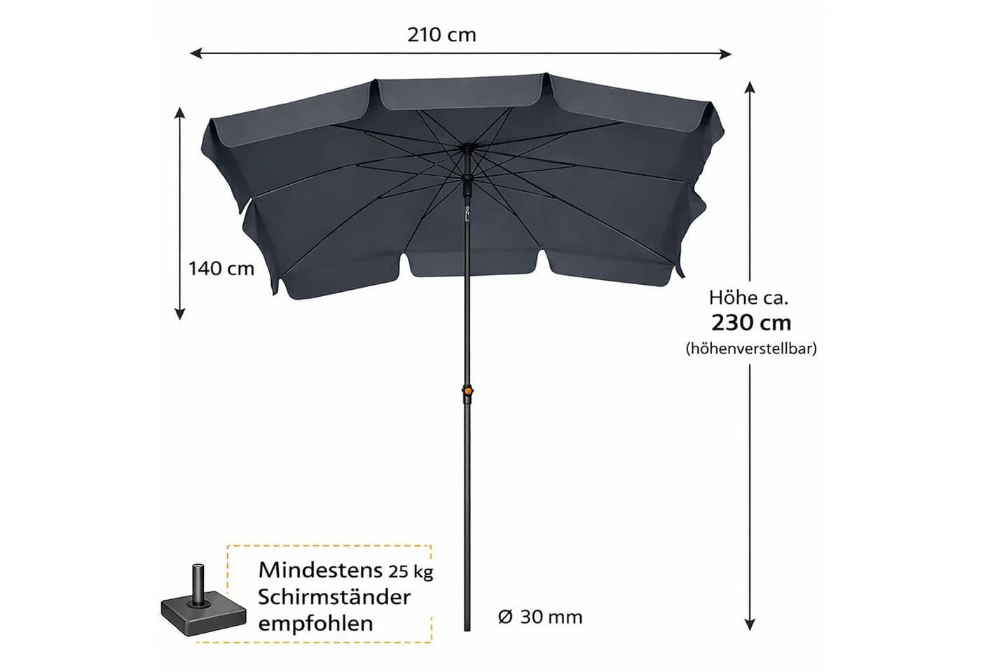 BURI Sonnenschirm 210x140 cm Grau Kippbar Push-System - Bild 5