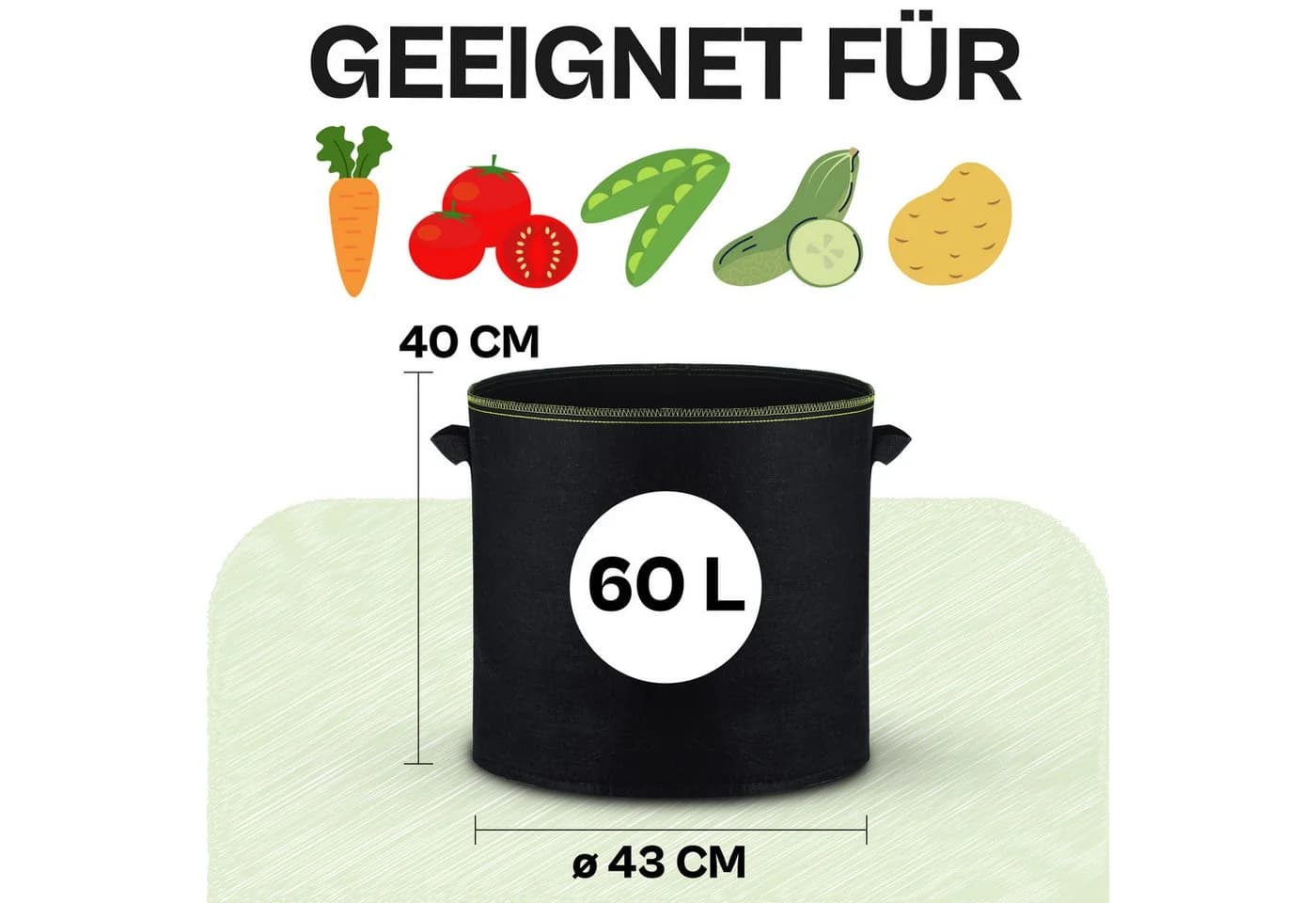 Praknu Pflanzsack 60l 3er Set Schwarz Vliesstoff mit Griff - Bild 3